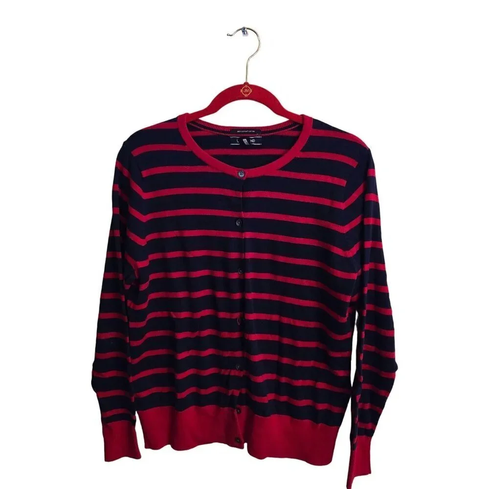 Lands' End Navy Red Striped Supima Cotton Nautical Cardigan Sweater Size L